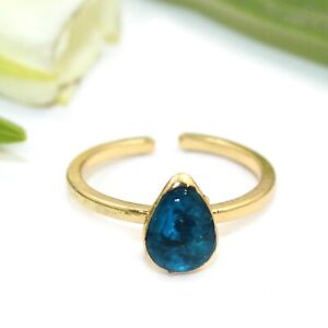 Natural Neon Apatite Pear Shape Birthstone Gold Electroplated Adjustable Rings