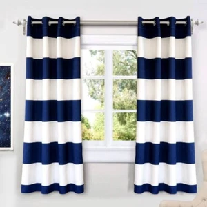 Navy Stripe Room Darkening Window Curtains 63 Inch Long Striped Grommet - Picture 1 of 4