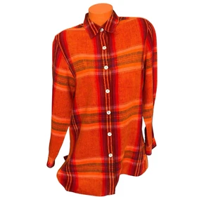 Chico's Design Bluse Gr. 3 100% Leinen orange rot lila kariert Lg Slv Knöpfe - Bild 1 von 11