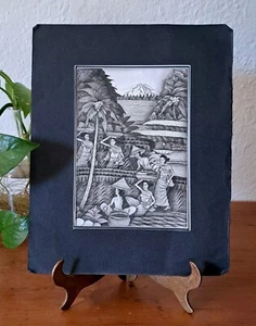 Pintura de dibujo mixta paisaje figurativo indonesio balinés original vintage - Imagen 1 de 10