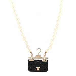 Chanel Pearl Metal Resin Quilted Flap Bag Necklace Gold Black Pearly White - Picture 1 of 5