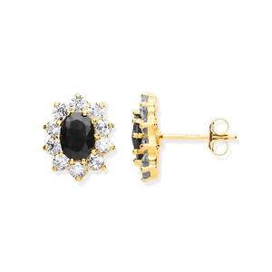 9ct Yellow Gold Black Sapphire and Cubic Zirconias Cluster Studs - Picture 1 of 1