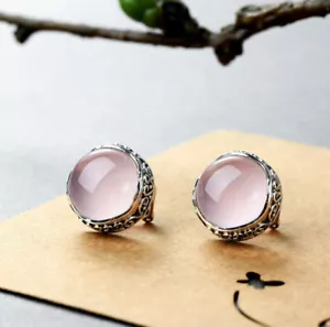 K09 Orecchini Stile Antico Costume Quarzo Rosa Cuori 925 Argento Sterling - Foto 1 di 5