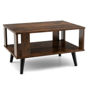 Double Layer Mid-Century Modern Coffee Table Living Room w/ Storage Open Shelf - Picture 1 of 10