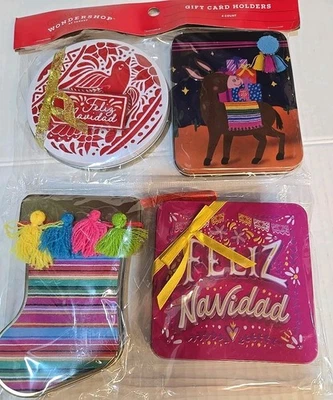 4 pack Set Feliz Navidad Christmas Holiday Metal Tin Decorated Gift Card Holders - Image 1 of 2