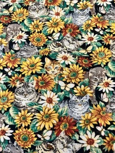 Vintage Sharon Kessler Concord Fabrics Cats in Fall Flowers 1 Yd + X 45”W USA - Picture 1 of 10