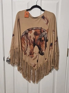 Women's American Bling Horse & Feathers Fringe Poncho New with Tags! - Picture 1 of 4