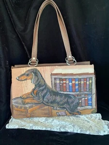 VINTAGE Large Needlepoint Bag Purse Dachshund Brown Black Dog Books Zipper Top - Picture 1 of 22