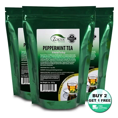 ZOKIVA NUTRITIONALS Peppermint Tea Bags 3-PACK (90) 100% Natural Mentha Piperita in Resealable Pouch
