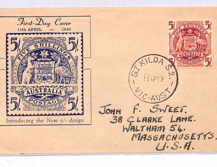 AUSTRALIA KGVI 1949 FDC 5s HIGH VALUE St Kilda ILLUSTRATED First Day Cover YM204 - Image 1 of 4