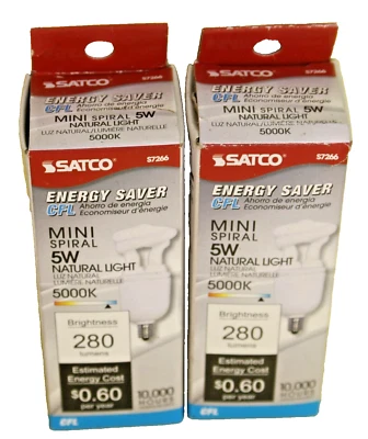 2X SATCO 5W CFL E14 BULB ENERGY SAVER CFL 5W Natural LIGHT Mini Spiral S7216 - Image 1 of 4