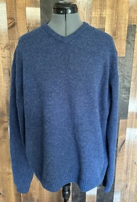 Мужская шерсть ягненка v-образным вырезом свитер L синий туго вязаный пуловер теплый зимний классический - Изображение 1 из 4