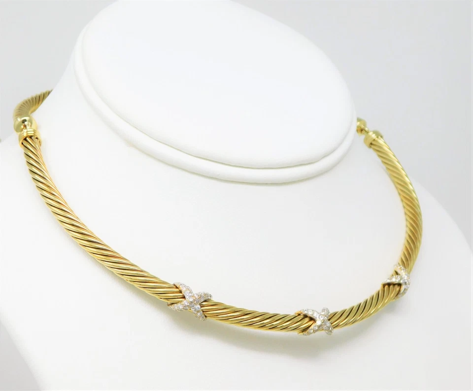 Collar Gargantilla Oro 14 kt DAVID YURMAN 3 Estaciones Diamante X Cable 14.5" B4428 Foto 1 de 4