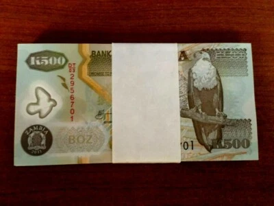 ZAMBIA 500 KWACHA P-43 2009-2011 x 100 Pcs Bundle Lot POLYMER ELEPHANT UNC NOTE - Image 1 of 4