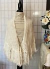 Women’s One Size Homemade Crochet Knit White Fringe Shawl 1970’s