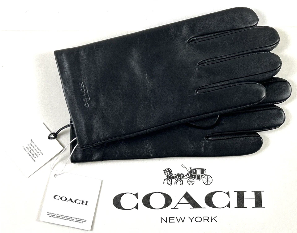 NOVO COACH Tamanho M Luvas Masculinas Couro Preto Em Relevo 100% Lã Forrada TECH $148 - Imagem 1 de 4