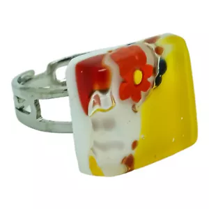 Murano Glas Ring Gelb Weiß Rot Millefiori Quadrat Aus Venice 15mm x 15mm Kunst - Bild 1 von 5