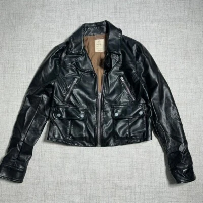 Free People Vegan Leather Moto Jacket Black Biker Zip Pockets Size Small *Flaw - Image 1 of 4