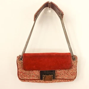 Tweed Bag Shoulder Hobo Handwoven Purse Chain Strap Red STUART WEITZMAN SPAIN - Picture 1 of 18