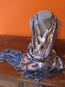 Vintage Handmade Frilled Scarf, Violet Paisley & Blue Frill, Long, 70" X 5" - Picture 1 of 6