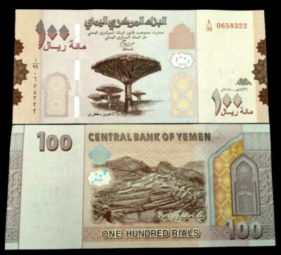 Billete de 100 riales de Yemen 2019 papel moneda mundial UNC moneda billete Foto 1 de 3