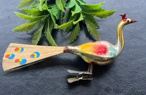 Vintage Glass Peacock Bird Christmas Clip On Tree Ornament- Painted Spun Tail - Picture 1 of 11