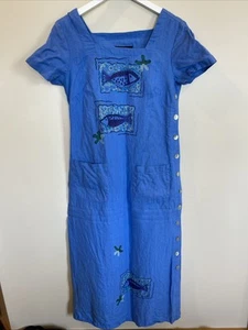 Vintage Melissa Collection 100% Linen Dress Size 6 Ocean Fish Buttons - Picture 1 of 7