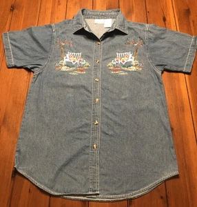 Camisa Denim Vintage Bobbie Brooks 100% Algodón Bordada Gatos Jardín Flores M - Imagen 1 de 14