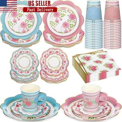Juego de fiesta de té desechable floral 24 tazas platos servilletas eventos reuniones nuevo Foto 1 de 4