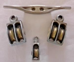 4 Piece Set - 3 Nickel Bronze Block Tackle Pulleys, 1 Cleat - Marine Boat Sail - Picture 1 of 4
