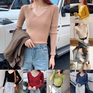 Cute Women Long Sleeve V Neck Slim Fit T Shirt in Trendy Ribbed Knit Fabric - Picture 1 of 16