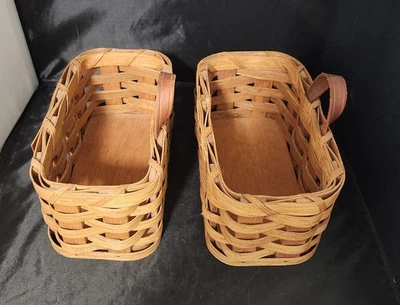 Amish Baskets w/Saddle Leather Handles Hand Woven Rattan Kitchen Display 9" x 5" - Image 1 of 4