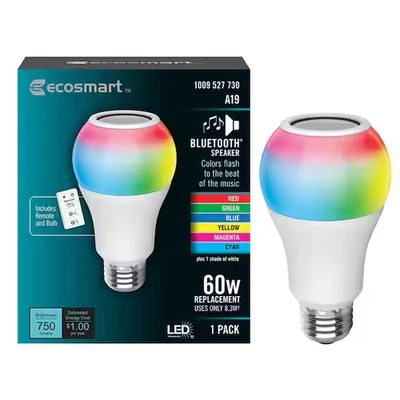 Ecosmart BTA19RGB3KECP Bluetooth Speaker Colored Plus 60w Light Bulb w/ Remote - Image 1 of 3