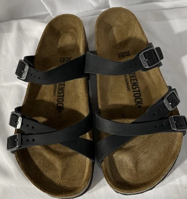 Birkenstock Mayari Womens 6 Sandals Slip On Strappy Black Leather Toe Loop EU 37 - Image 1 of 4