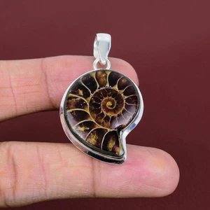 Brown Ammonite Gemstone Handmade 925 Sterling Silver Jewelry Pendant Size-1.65" - Picture 1 of 4