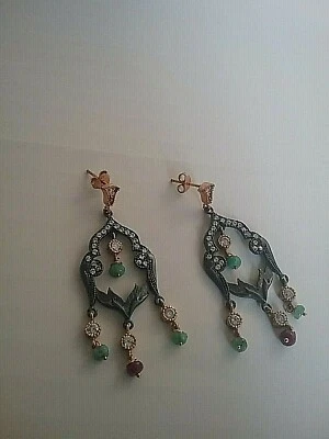 Pendientes vintage esmeralda, rubí plata 925, rodio negro y oro  Foto 1 de 3