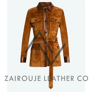 Suede Jacket Women Belted Tan Coat - Long Utility Style Real Leather Trim - Foto 1 di 10