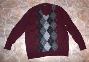 Mens Claiborne Sweater - Burgundy / Gray Argyle, L/S, V Neck Pullover - 2XLT - Picture 1 of 3