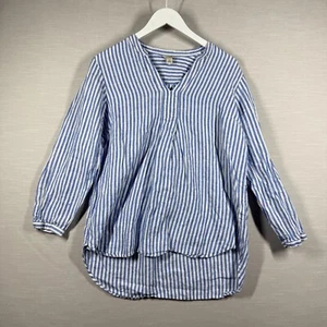 LL Bean Shirt Women L Popover Tunic Blue Linen Striped Minimalist Boho Chic - Picture 1 of 13
