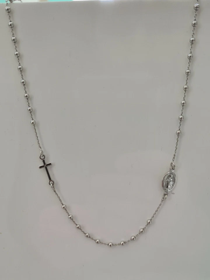 COLLANA ROSARIO IN ARGENTO 925% RODIATO UOMO DONNA CROCE MADONNA - Immagine 1 di 1