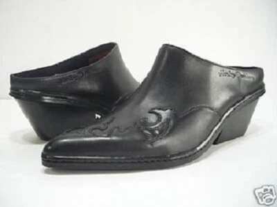 Harley Davidson Black "Rodeo Flame" Leather Clogs Slip-On Western Mules $200 - Image 1 of 4