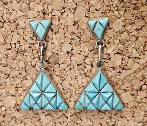 Rare Vintage Zuni Faceted Turquoise Inlay Sterling Silver Dangle Stud Earrings - Picture 1 of 19