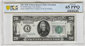 1928 $20 FRN 2050-D Federal Reserve Note Cleveland D-A Block PCGS 65 PPQ - Picture 1 of 2