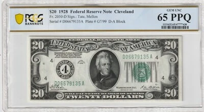 1928 $20 FRN 2050-D Federal Reserve Note Cleveland D-A Block PCGS 65 PPQ - Image 1 of 2