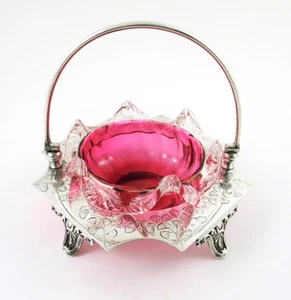 Antique SWEETMEAT Dish - GINKGO etched SILVER Holder - CRANBERRY glass w/RIGAREE - Picture 1 of 11