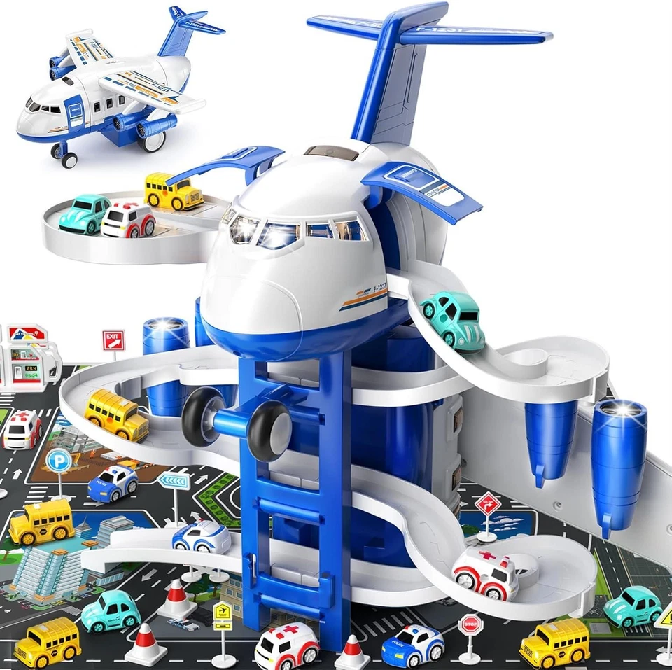 Temi Kids Aeroplane Toys Race Track Playset with Cars and Playmat - Image 1 of 4