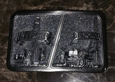 Fivela de cinto de perfuração vintage Reedrill Texoma Oil Field Derrick Rig EUA prata  - Imagem 1 de 4