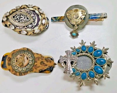 NUEVO Lote 4 Pinzas para el Cabello Hechas a Mano Correas Cuero Occidental Cuentas Plateadas Rosa Cruz Foto 1 de 4