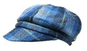 Ladies Harris Tweed Baker Boy Hat in Blue Tartan - Picture 1 of 9