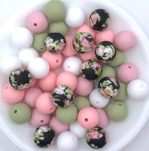Black Victorian Flower Silicone Bead Mix, 50 15mm Silicone Beads - Picture 1 of 2